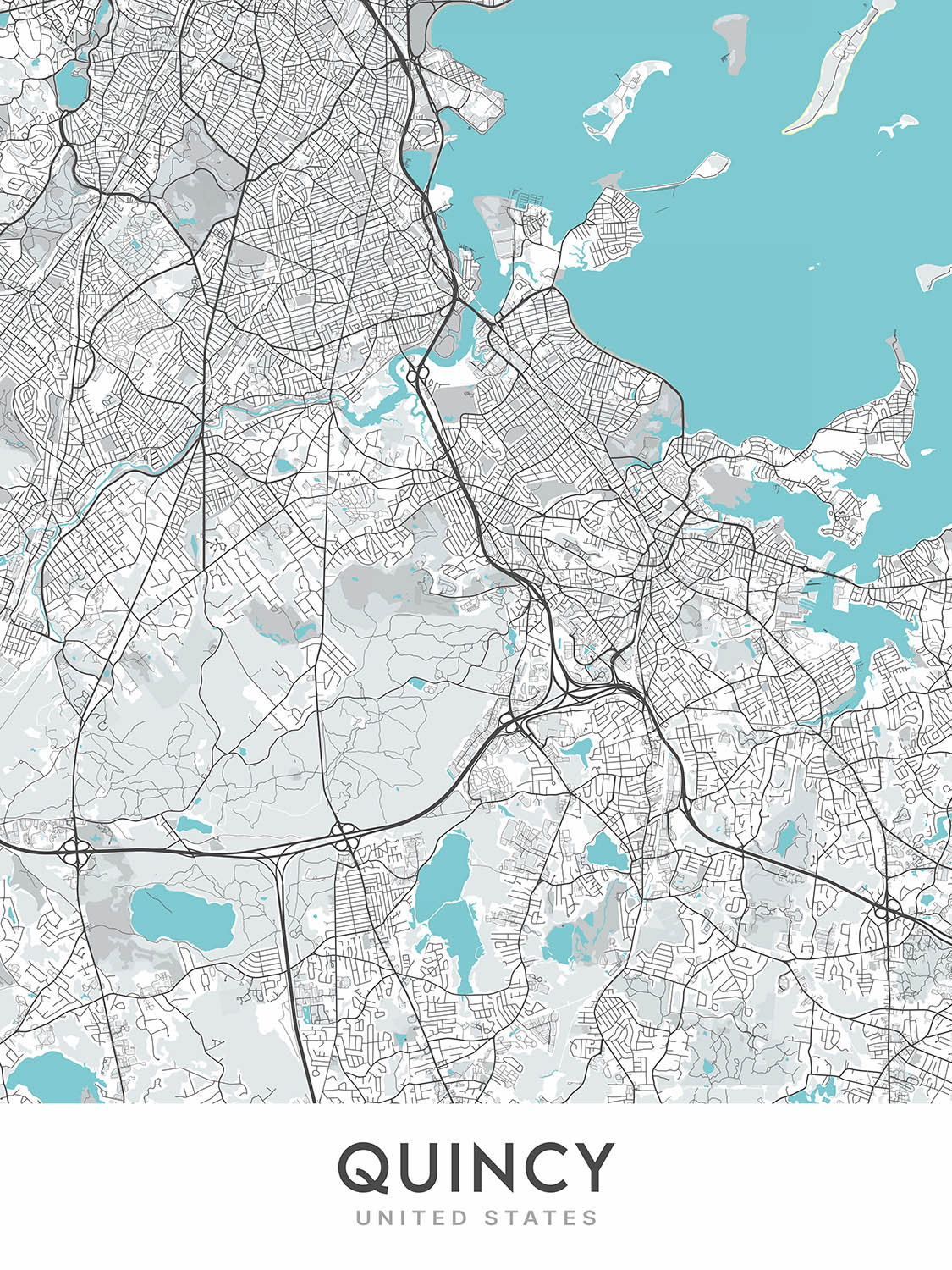 Modern City Map of Quincy, MA: Adams National Park, Blue Hills Reservation, Cemetery, Market, Wollaston Beach