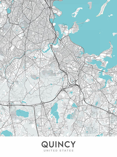 Modern City Map of Quincy, MA: Adams National Park, Blue Hills Reservation, Cemetery, Market, Wollaston Beach