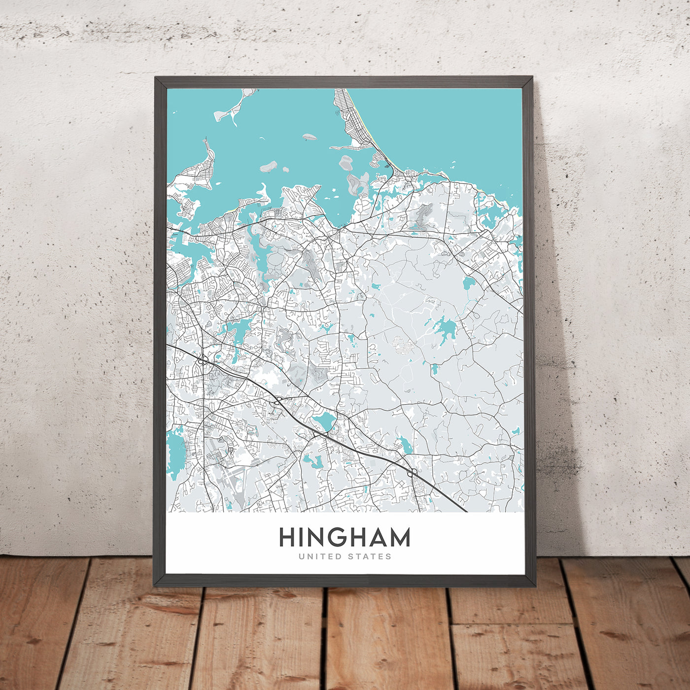 Moderne Stadtkarte von Hingham, MA: Hingham Harbor, World's End, Bare Cove Park, Whitney und Thayer Woods, The Old Ship Church 