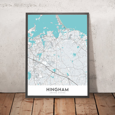 Moderne Stadtkarte von Hingham, MA: Hingham Harbor, World's End, Bare Cove Park, Whitney und Thayer Woods, The Old Ship Church 
