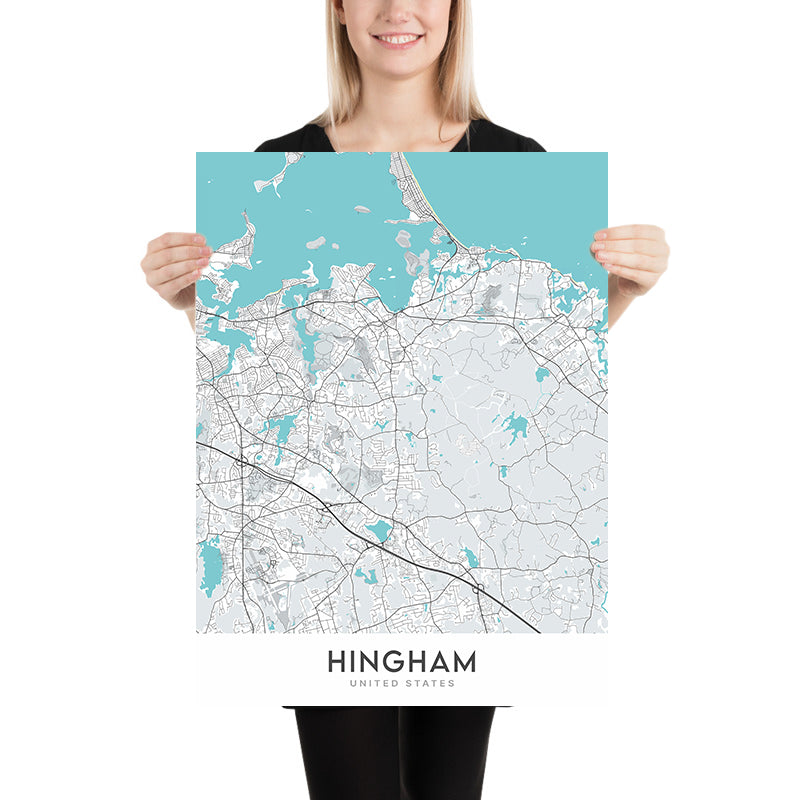 Moderne Stadtkarte von Hingham, MA: Hingham Harbor, World's End, Bare Cove Park, Whitney und Thayer Woods, The Old Ship Church 