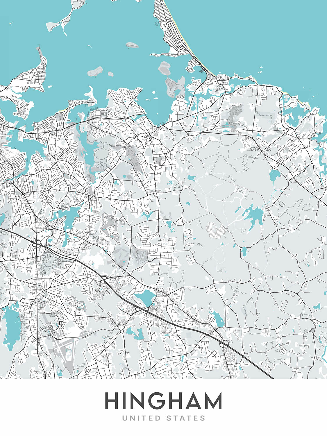 Moderne Stadtkarte von Hingham, MA: Hingham Harbor, World's End, Bare Cove Park, Whitney und Thayer Woods, The Old Ship Church 
