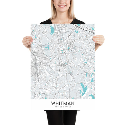 Plan de la ville moderne de Whitman, MA : hôtel de ville de Whitman, école secondaire régionale Whitman-Hanson, route 18, route 27, route 106