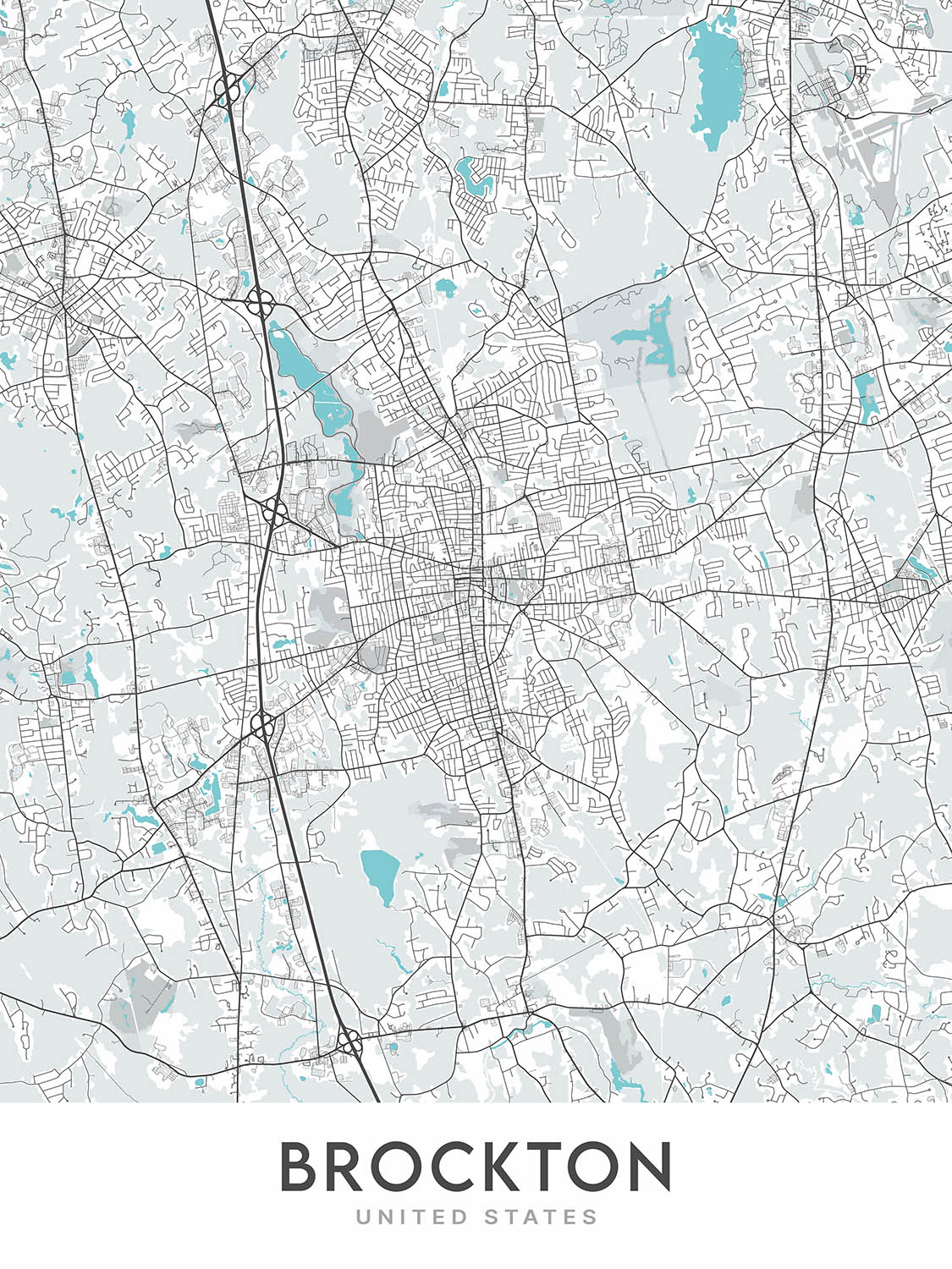 Mapa de la ciudad moderna de Brockton, MA: Estadio Campanelli, Museo Fuller, Colegio Comunitario, Hospital de Brockton, Westgate Mall 