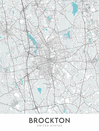 Mapa de la ciudad moderna de Brockton, MA: Estadio Campanelli, Museo Fuller, Colegio Comunitario, Hospital de Brockton, Westgate Mall 