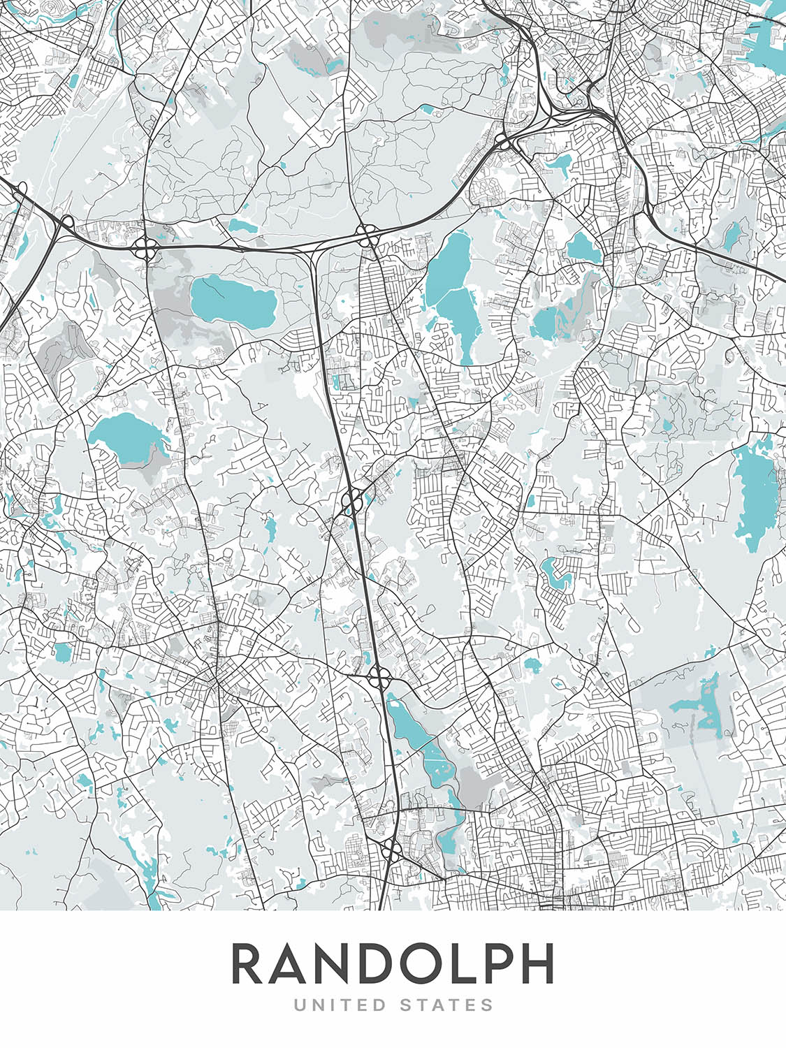 Modern City Map of Randolph, MA: Randolph Town Hall, Randolph Public Library, Randolph High School, Interstate 93, Route 24