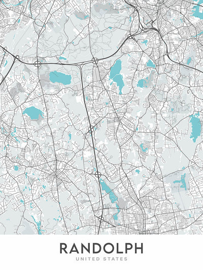 Modern City Map of Randolph, MA: Randolph Town Hall, Randolph Public Library, Randolph High School, Interstate 93, Route 24