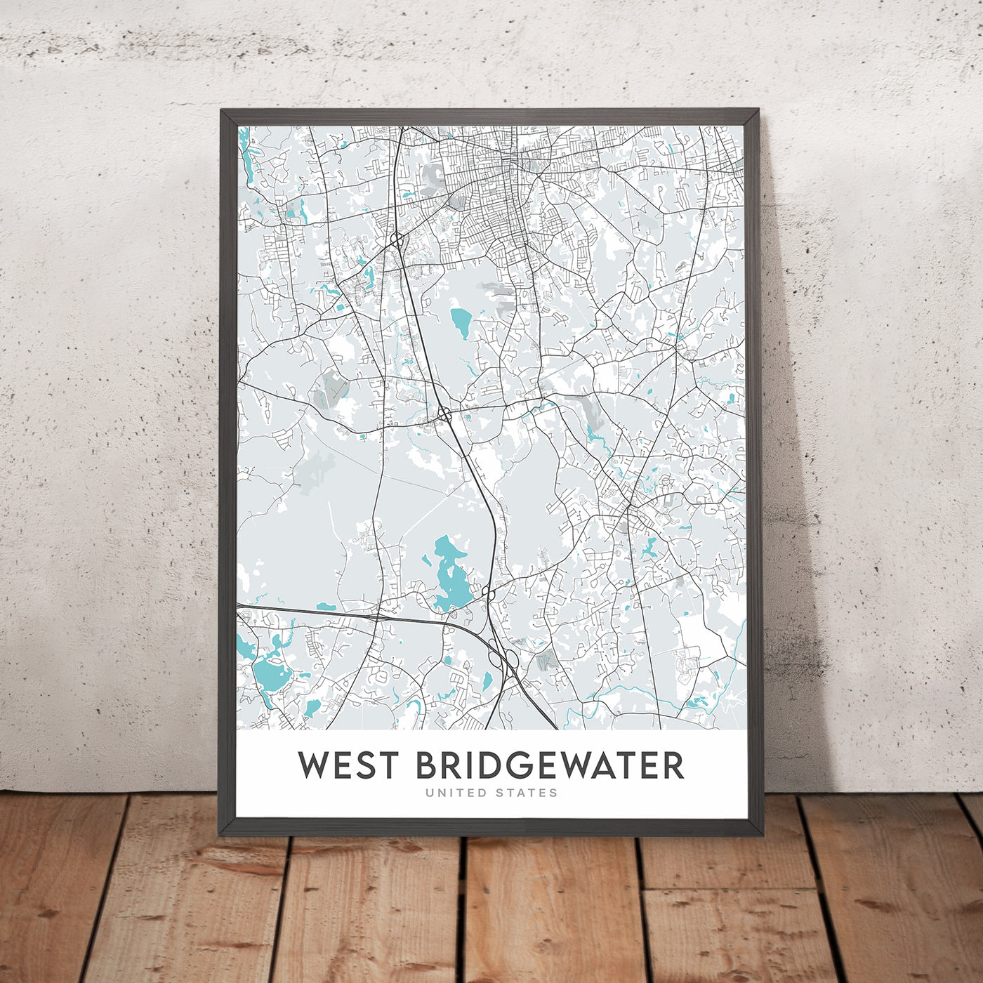 Mapa de la ciudad moderna de West Bridgewater, MA: Universidad Estatal, Bridgewater Common, Sociedad Histórica, Antiguo Ayuntamiento, Iglesia Congregacional 