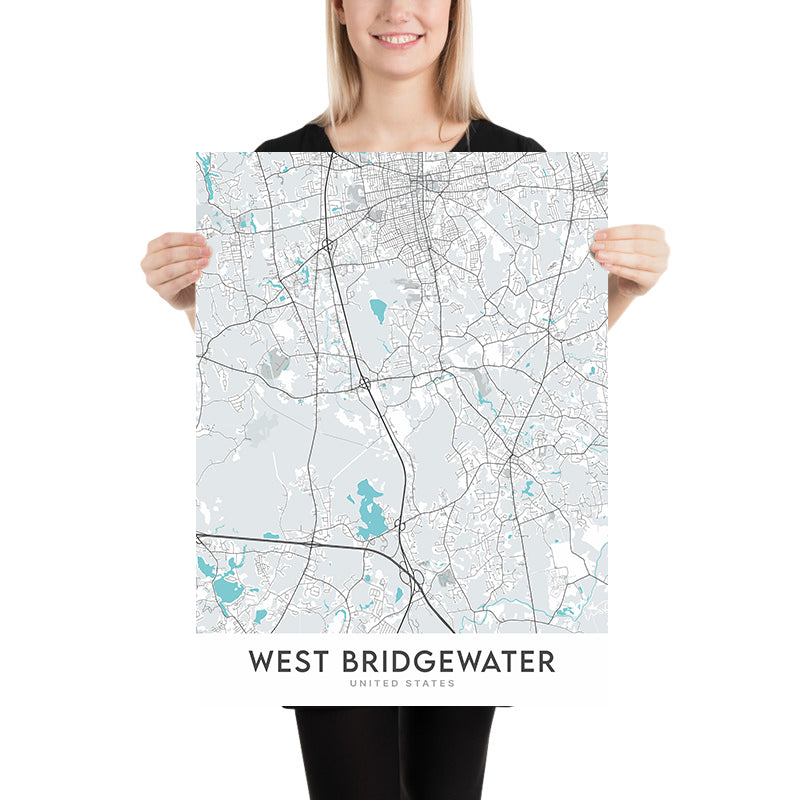 Mapa de la ciudad moderna de West Bridgewater, MA: Universidad Estatal, Bridgewater Common, Sociedad Histórica, Antiguo Ayuntamiento, Iglesia Congregacional 
