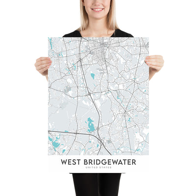 Mapa de la ciudad moderna de West Bridgewater, MA: Universidad Estatal, Bridgewater Common, Sociedad Histórica, Antiguo Ayuntamiento, Iglesia Congregacional 