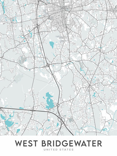 Mapa de la ciudad moderna de West Bridgewater, MA: Universidad Estatal, Bridgewater Common, Sociedad Histórica, Antiguo Ayuntamiento, Iglesia Congregacional 