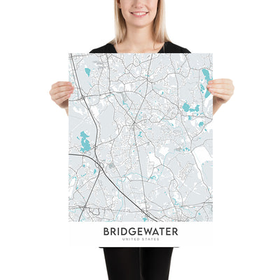 Mapa de la ciudad moderna de Bridgewater, MA: Universidad Estatal, Plaza de Bridgewater, Sociedad Histórica, Antiguo Ayuntamiento, Primera Iglesia Congregacional 