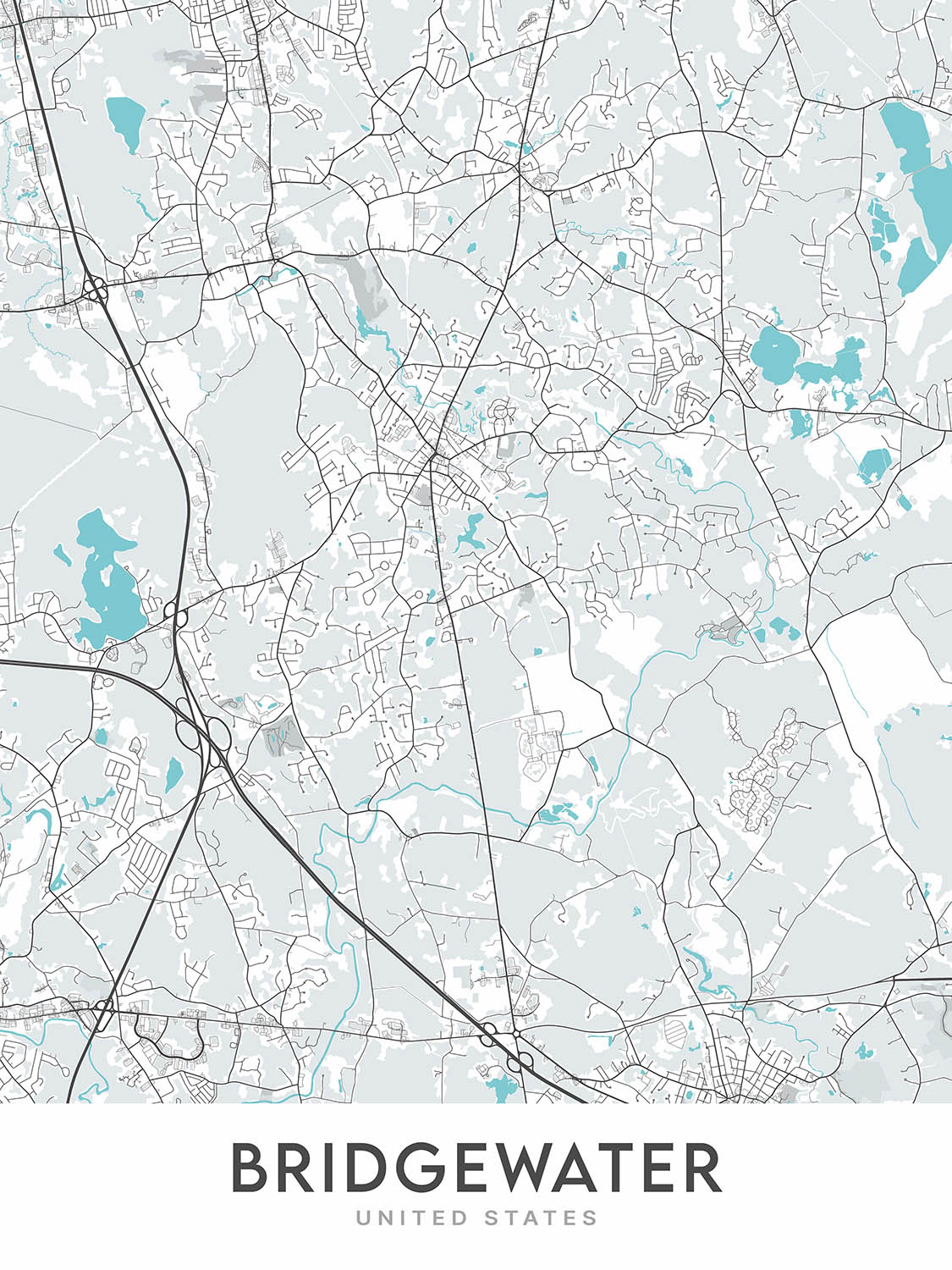 Mapa de la ciudad moderna de Bridgewater, MA: Universidad Estatal, Plaza de Bridgewater, Sociedad Histórica, Antiguo Ayuntamiento, Primera Iglesia Congregacional 