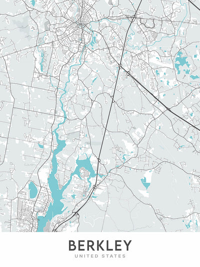 Mapa moderno de la ciudad de Berkley, MA: Berkley Common, Parque Estatal Dighton Rock, Río Taunton, Río Assonet, Área de Conservación Myricks