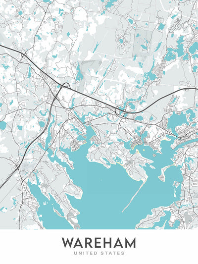 Moderne Stadtkarte von Wareham, MA: Agawam River, Buttermilk Bay, Great Neck, Little Neck, Long Beach 
