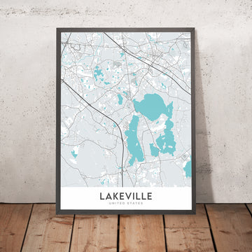 Plan de la ville moderne de Lakeville, MA : centre-ville de Lakeville, lac Assawompset, route 18, I-195, Massachusetts Turnpike