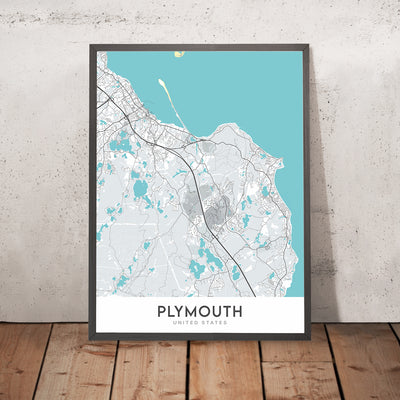 Plan de la ville moderne de Plymouth, MA : musée Pilgrim Hall, Mayflower II, Plymouth Rock, monument national des ancêtres et front de mer