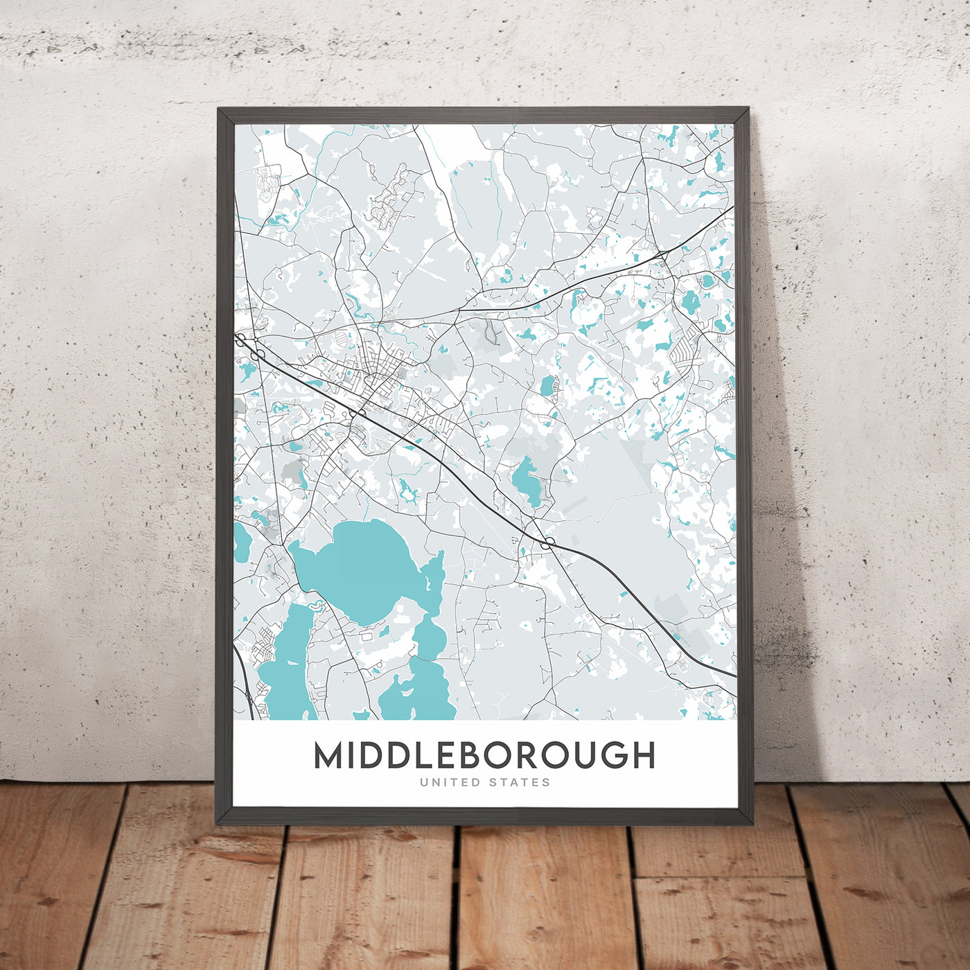 Plan de la ville moderne de Middleborough, MA : Middleborough Center, lac Assawompset, Interstate 495, rivière Nemasket, étang Assawompset