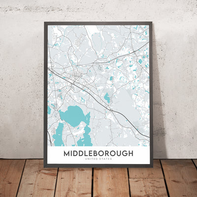 Plan de la ville moderne de Middleborough, MA : Middleborough Center, lac Assawompset, Interstate 495, rivière Nemasket, étang Assawompset