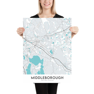 Plan de la ville moderne de Middleborough, MA : Middleborough Center, lac Assawompset, Interstate 495, rivière Nemasket, étang Assawompset