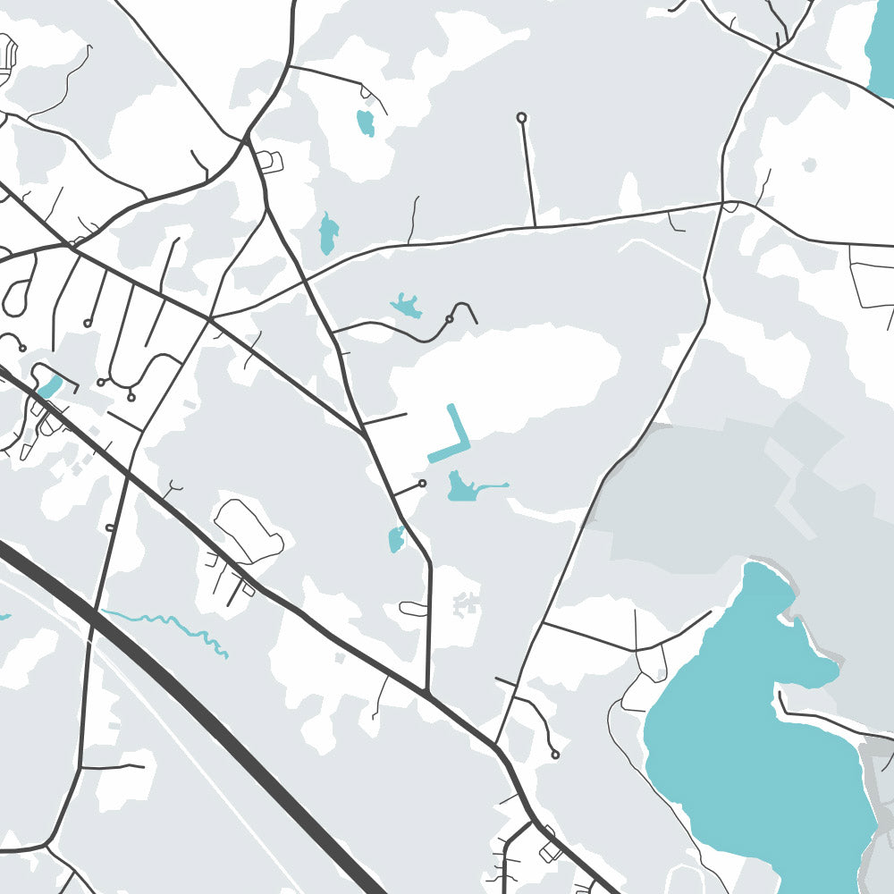 Plan de la ville moderne de Middleborough, MA : Middleborough Center, lac Assawompset, Interstate 495, rivière Nemasket, étang Assawompset
