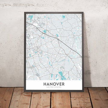 Plan de la ville moderne de Hanovre, MA : Hanover Center, Silver Lake, Route 3, Hanover Mall, Hanover Theatre