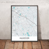 Plan de la ville moderne de Hanovre, MA : Hanover Center, Silver Lake, Route 3, Hanover Mall, Hanover Theatre