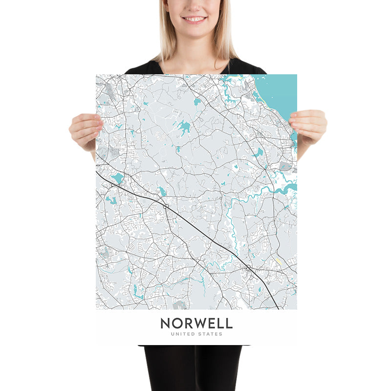Moderne Stadtkarte von Norwell, MA: Norwell Zentrum, North River, South River, Indian Head River, Jacobs Pond 