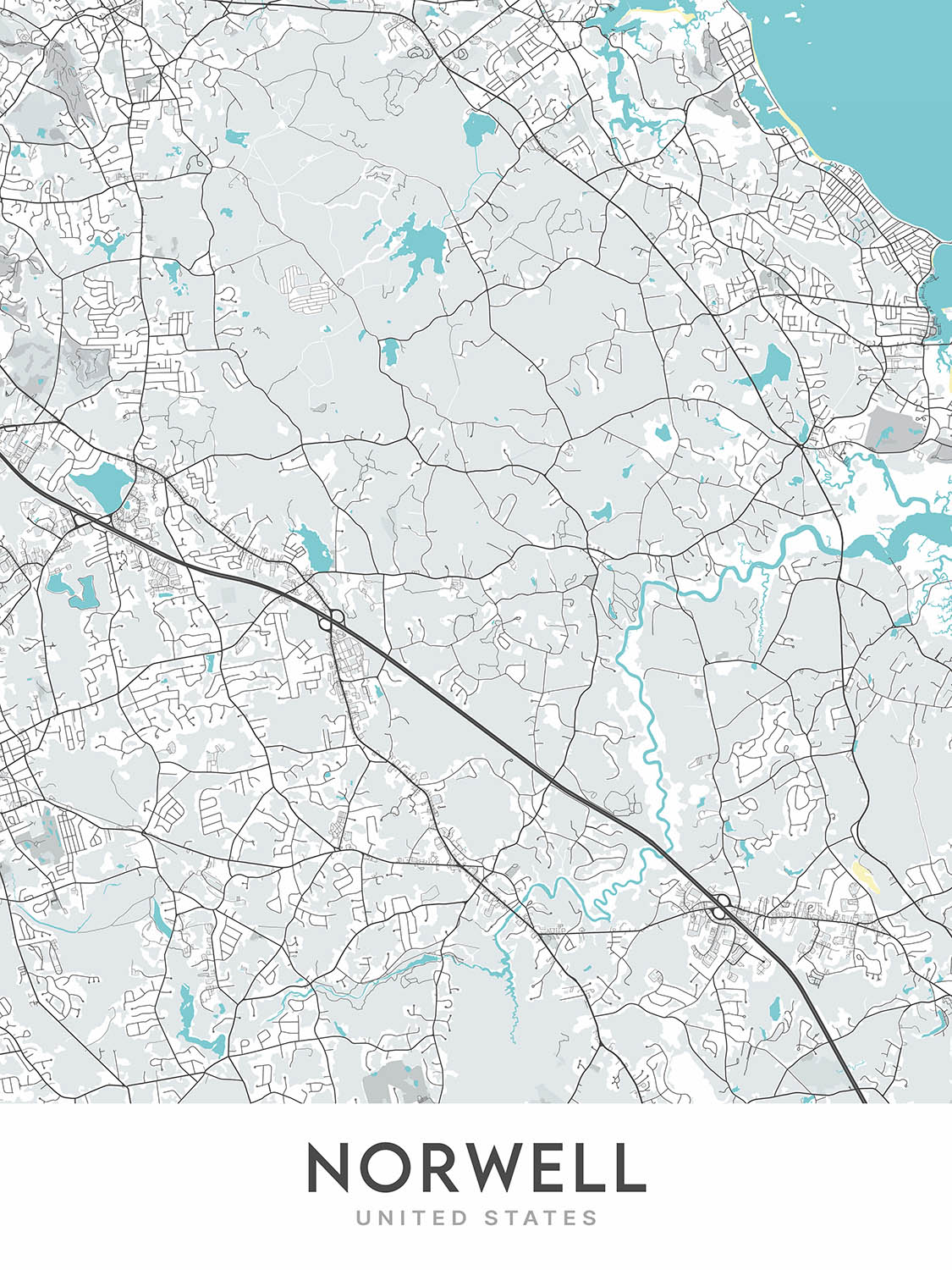 Moderne Stadtkarte von Norwell, MA: Norwell Zentrum, North River, South River, Indian Head River, Jacobs Pond 