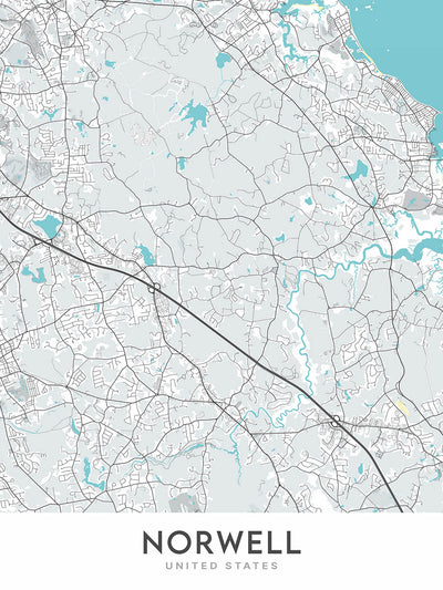 Moderne Stadtkarte von Norwell, MA: Norwell Zentrum, North River, South River, Indian Head River, Jacobs Pond 