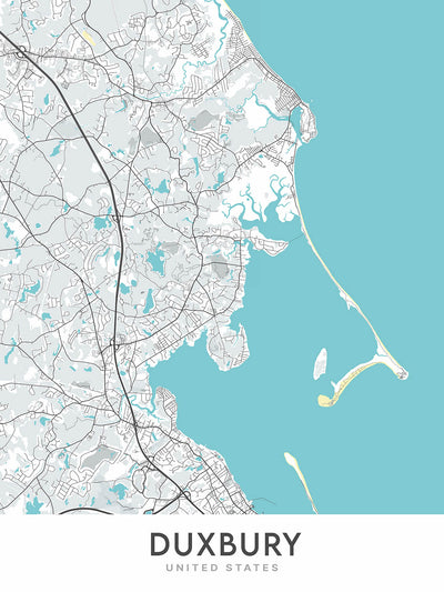 Moderne Stadtkarte von Duxbury, MA: Duxbury Beach, Duxbury Yacht Club, Gurnet Point, Myles Standish Monument, Powder Point Bridge 