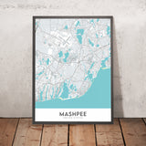Moderne Stadtkarte von Mashpee, MA: Commons, South Cape Beach State Park, Waquoit Bay Reserve, Popponesset Beach, Santuit Pond 