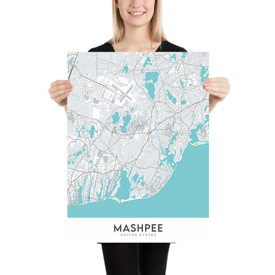 Mapa de la ciudad moderna de Mashpee, MA: Commons, Parque Estatal de Playa South Cape, Reserva de Bahía Waquoit, Playa Popponesset, Estanque Santuit 