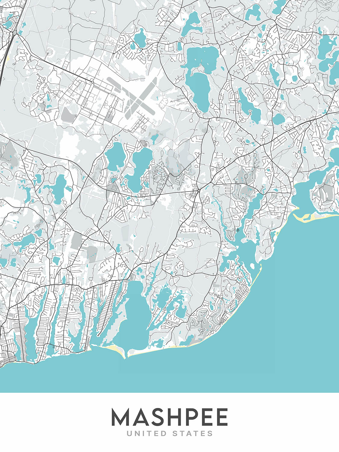 Mapa de la ciudad moderna de Mashpee, MA: Commons, Parque Estatal de Playa South Cape, Reserva de Bahía Waquoit, Playa Popponesset, Estanque Santuit 