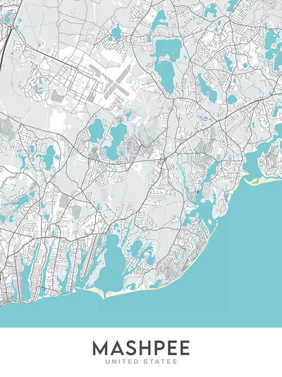 Mapa de la ciudad moderna de Mashpee, MA: Commons, Parque Estatal de Playa South Cape, Reserva de Bahía Waquoit, Playa Popponesset, Estanque Santuit 