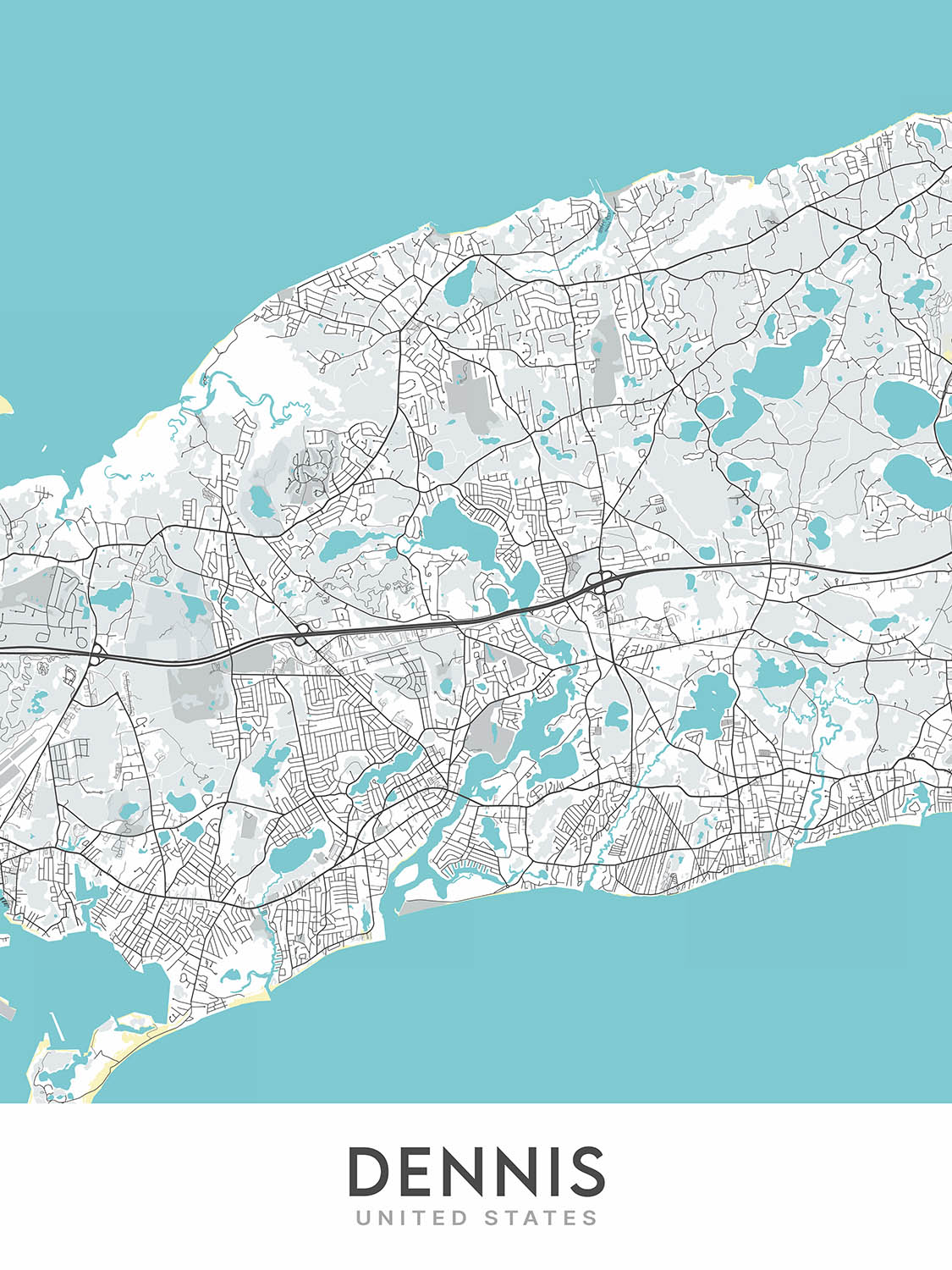 Plan de la ville moderne de Dennis, MA : Dennis Village, East Dennis, Dennis Port, West Dennis, South Dennis