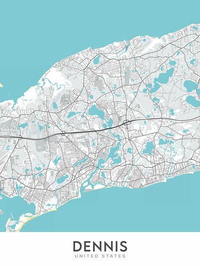 Plan de la ville moderne de Dennis, MA : Dennis Village, East Dennis, Dennis Port, West Dennis, South Dennis