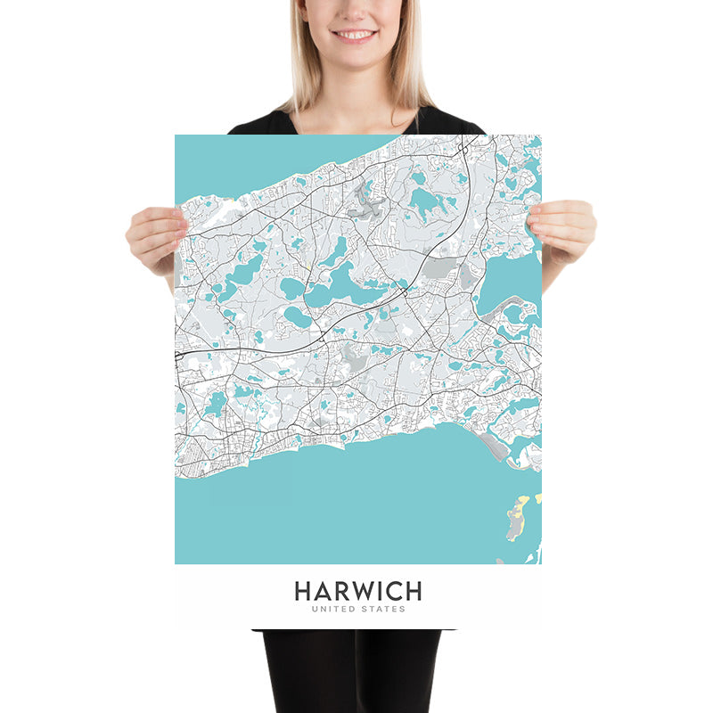 Modern City Map of Harwich, Massachusetts: Red River Beach, Saquatucket Harbor, Wychmere Harbor, Allen Harbor, Herring River