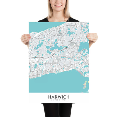 Modern City Map of Harwich, Massachusetts: Red River Beach, Saquatucket Harbor, Wychmere Harbor, Allen Harbor, Herring River