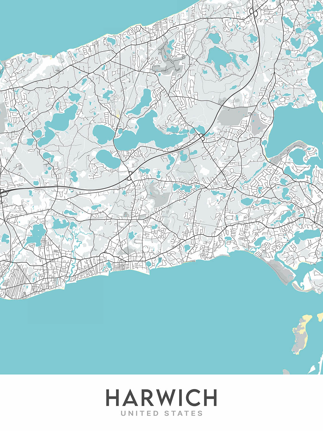 Modern City Map of Harwich, Massachusetts: Red River Beach, Saquatucket Harbor, Wychmere Harbor, Allen Harbor, Herring River