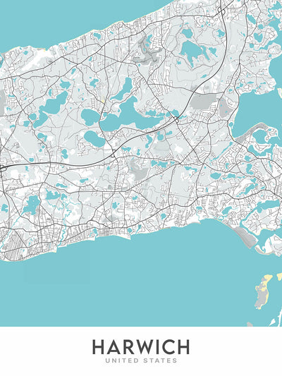 Modern City Map of Harwich, Massachusetts: Red River Beach, Saquatucket Harbor, Wychmere Harbor, Allen Harbor, Herring River