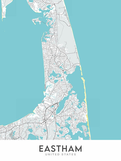Mapa moderno de la ciudad de Eastham, MA: Nauset Light Beach, Coast Guard Beach, First Encounter Beach, Fort Hill, Rock Harbor