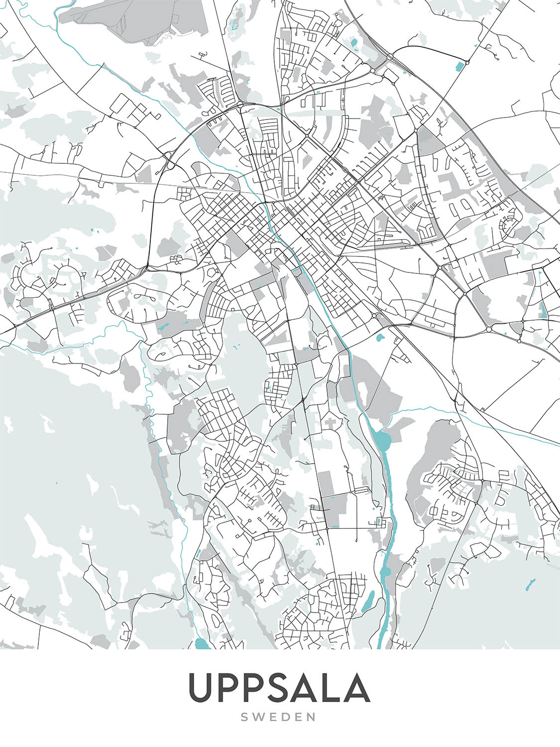 Modern City Map of Uppsala, Sweden: Castle, Cathedral, University, Parks, River