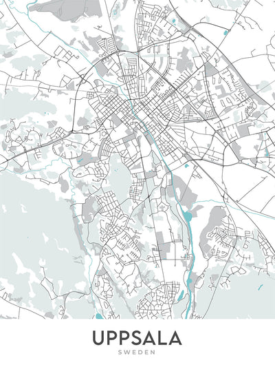 Modern City Map of Uppsala, Sweden: Castle, Cathedral, University, Parks, River