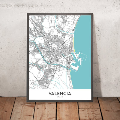 Mapa moderno de la ciudad de Valencia, España: Ciutat Vella, El Carmen, Ruzafa, Ciudad de las Artes y las Ciencias, Jardines del Turia