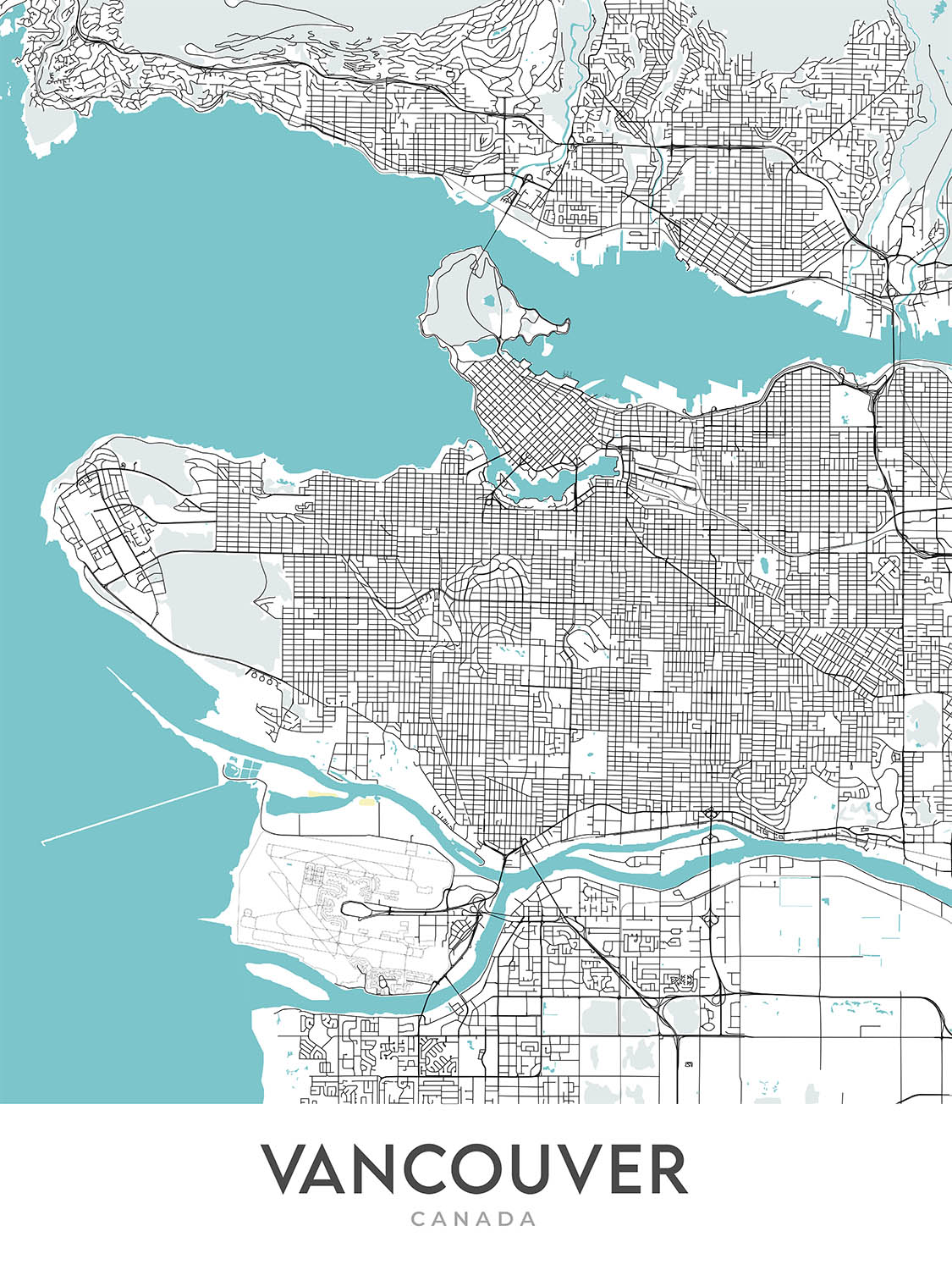 Modern City Map of Vancouver, Canada: Downtown, Stanley Park, Granville St, Gastown, BC Place