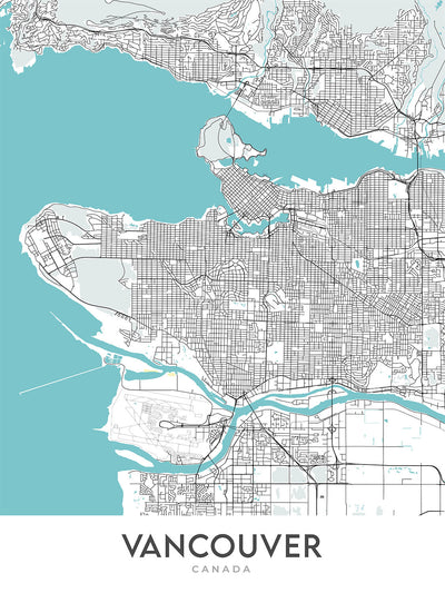 Modern City Map of Vancouver, Canada: Downtown, Stanley Park, Granville St, Gastown, BC Place