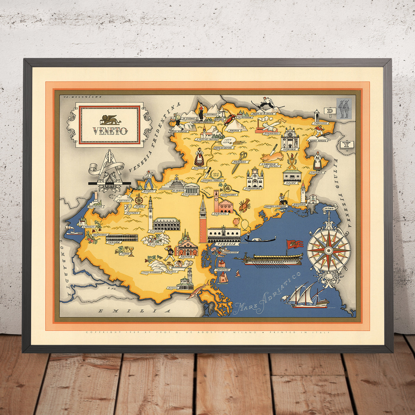 Ancienne carte du Veneto par De Agostini, 1938 : région de Prosecco, Venise, Vérone, Padoue, Vicence, Dolomites 