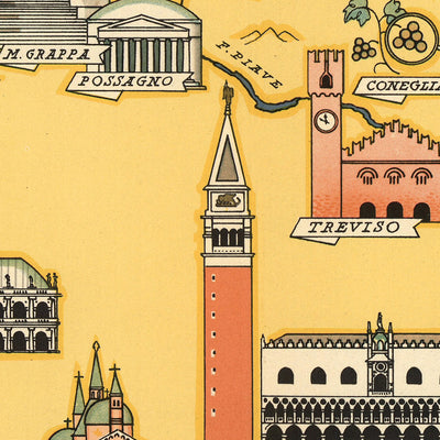 Ancienne carte du Veneto par De Agostini, 1938 : région de Prosecco, Venise, Vérone, Padoue, Vicence, Dolomites 