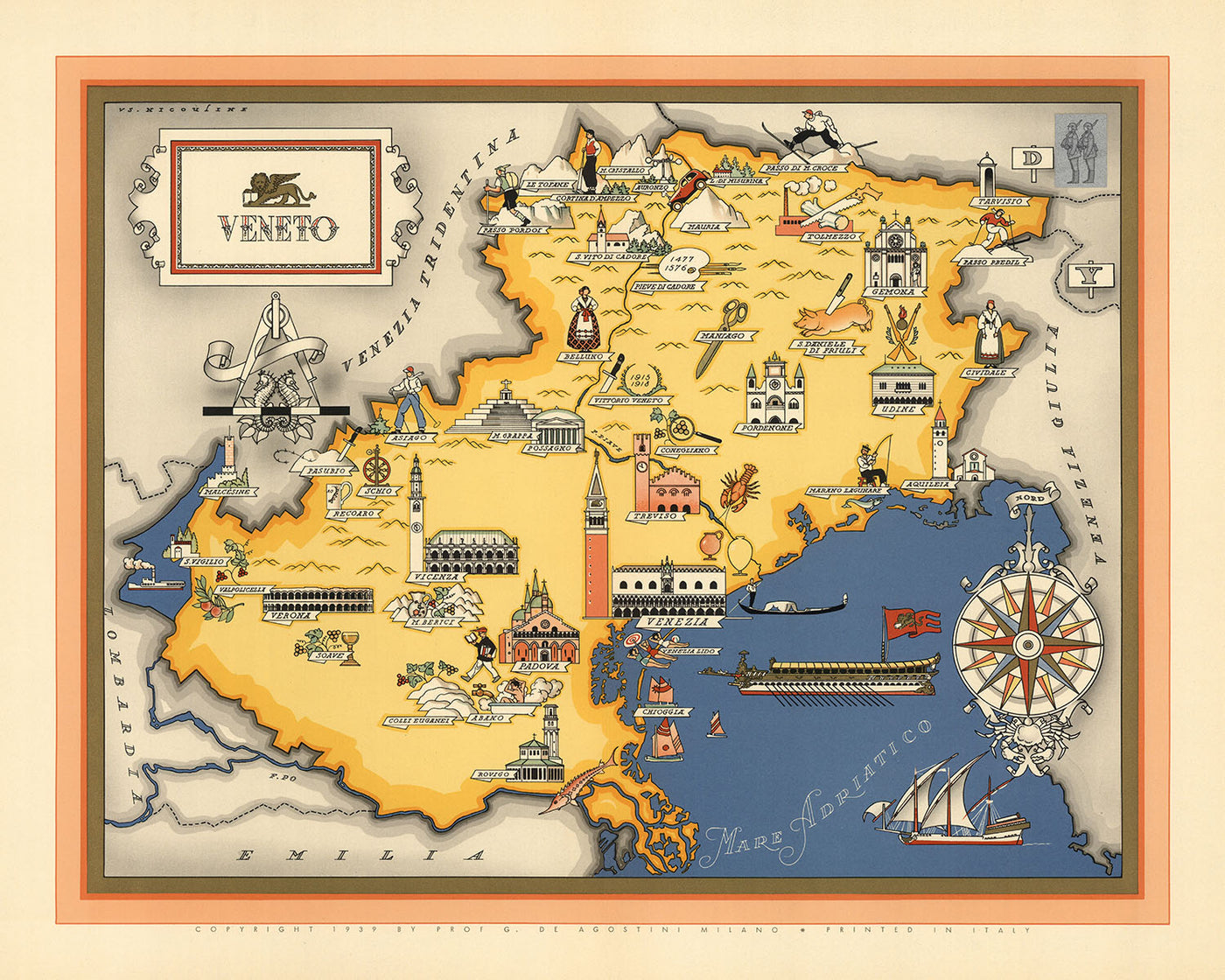 Ancienne carte du Veneto par De Agostini, 1938 : région de Prosecco, Venise, Vérone, Padoue, Vicence, Dolomites 